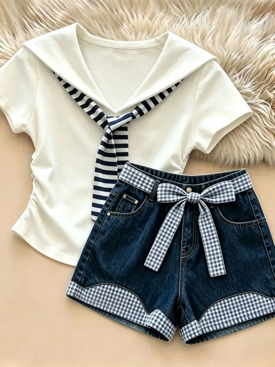 Summer Clothing Set For Girls - Girls Summer Casual Denim Shorts Set