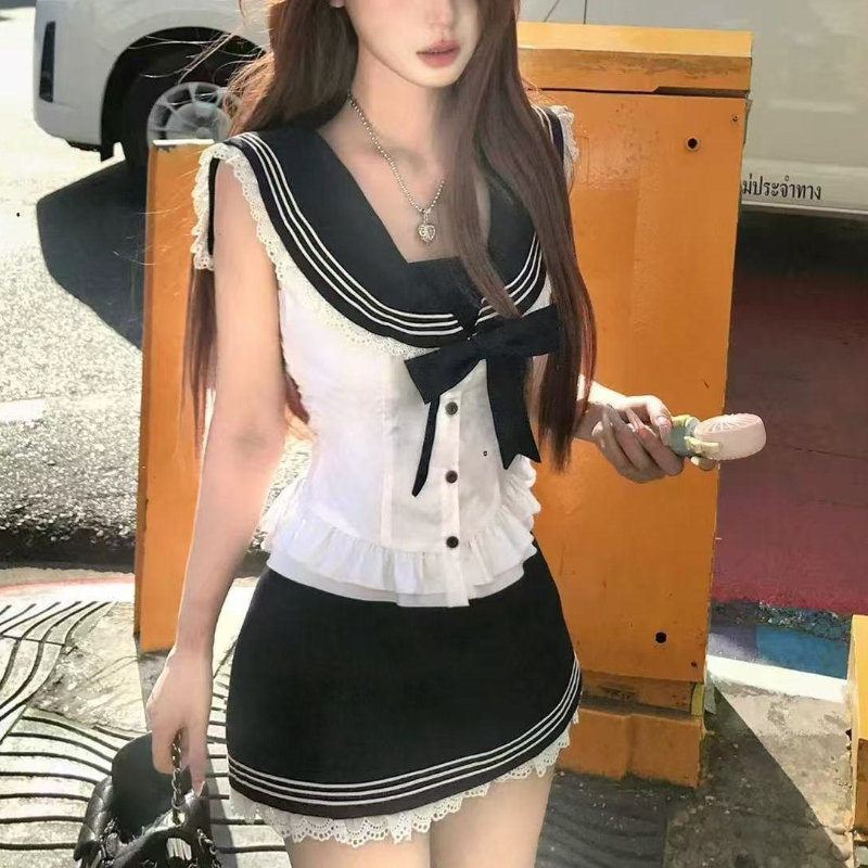 Summer Japanese Clothing - College Style Bow Sweet 2 Piece