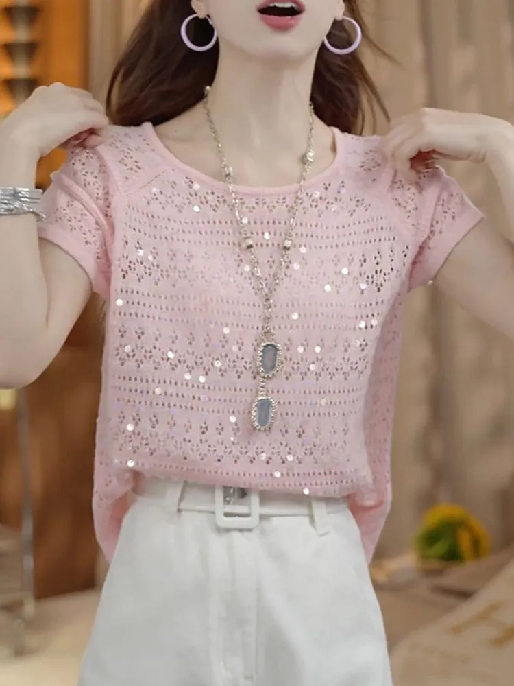 Summer Clothing Yarn - Sweet Trends Sequin Knitted Pullover Women