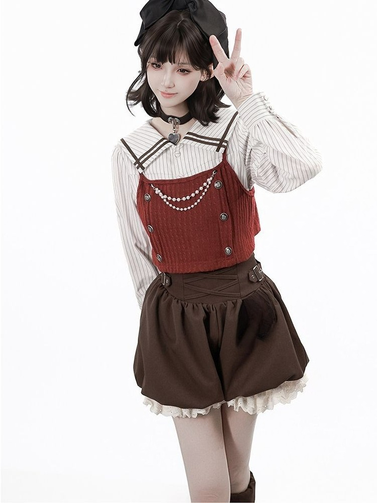 Harajuku Kawaii Red Stripe Sai - Summer Clothing Set For Girls ulasan dan harga