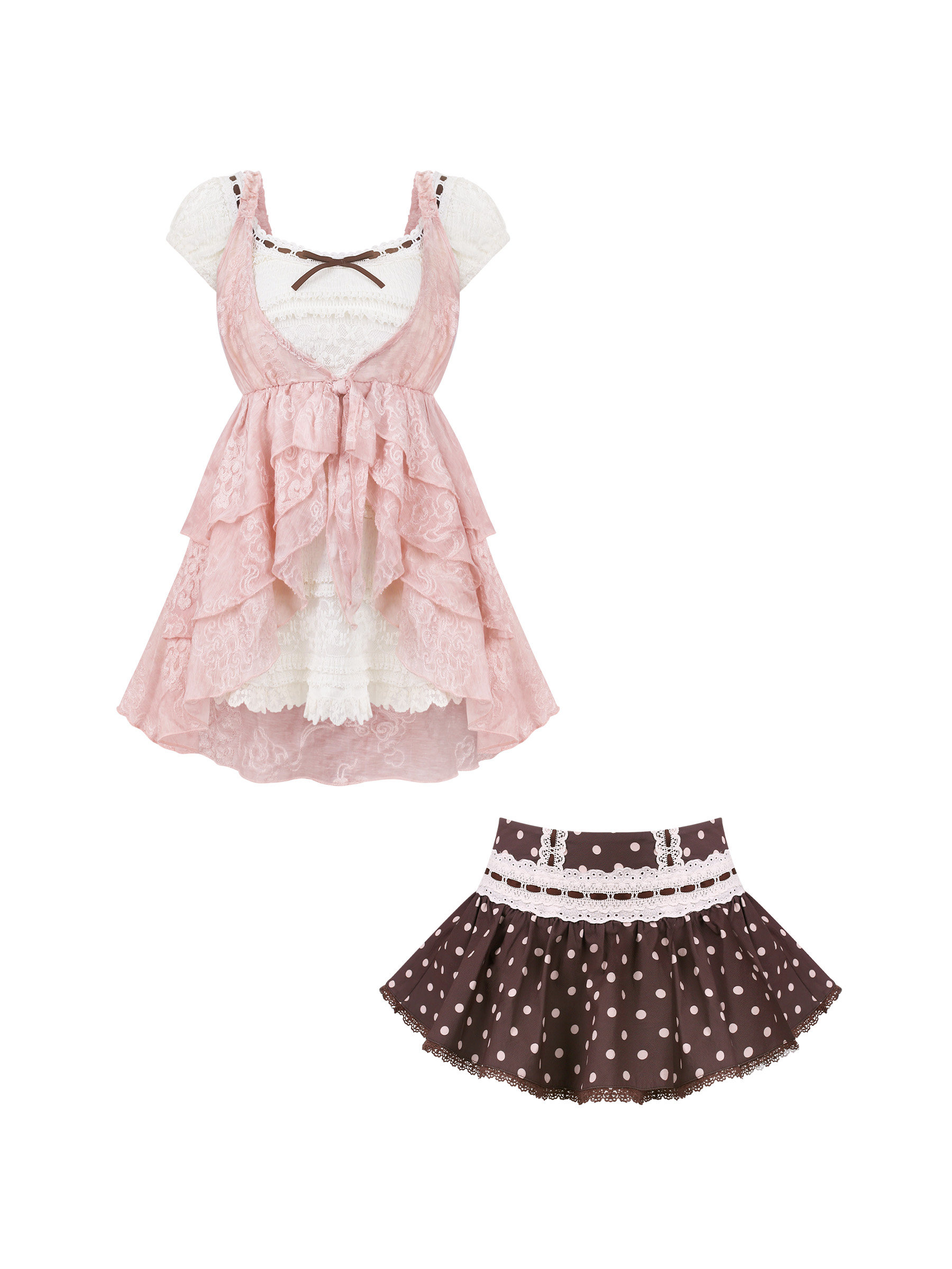 Sweet Kawaii Polka Dot Lace Ru - Summer Clothing Set For Girls ulasan dan harga