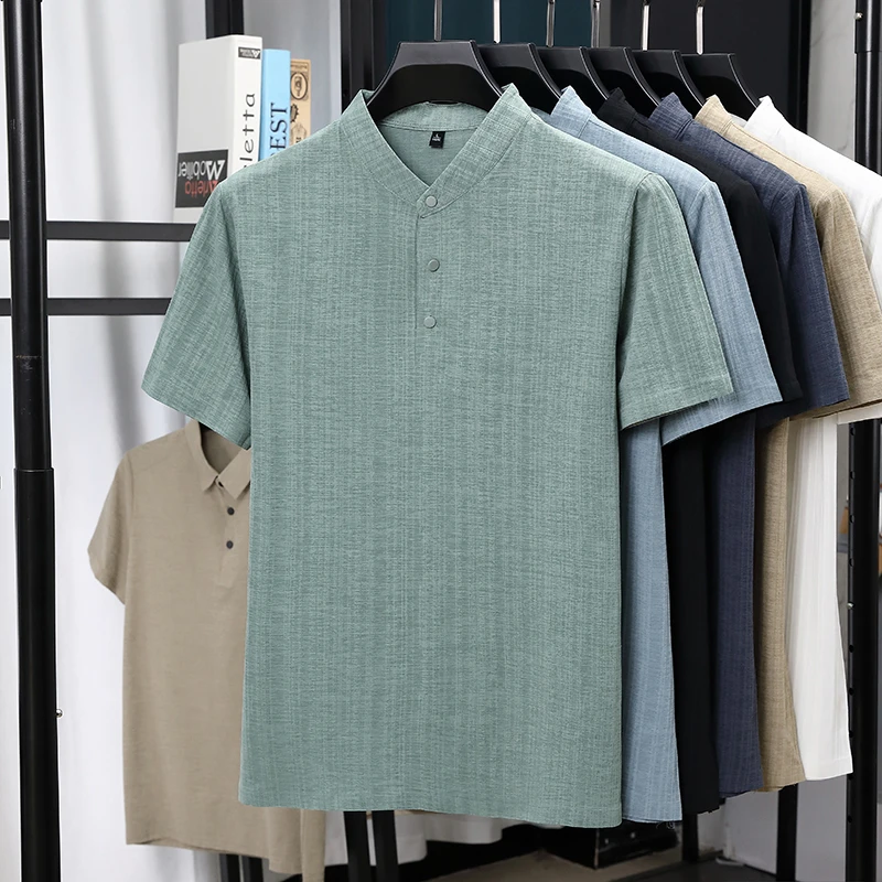 Mens Mandarin Collar Half Plac - Summer Clothing Essentials ulasan dan harga