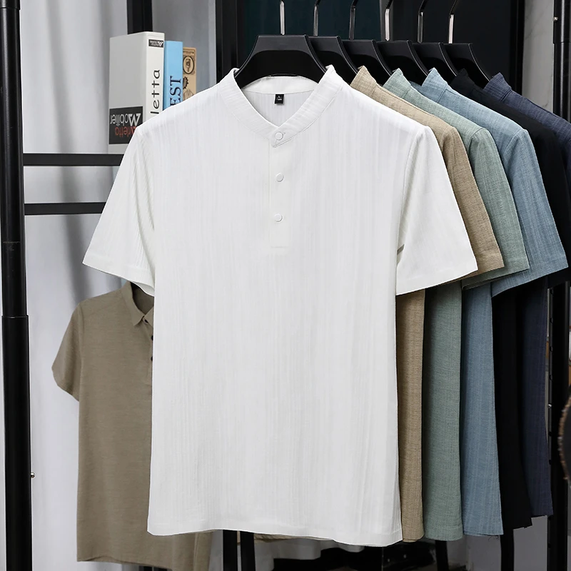 Mens Mandarin Collar Half Plac - Summer Clothing Essentials ulasan dan harga