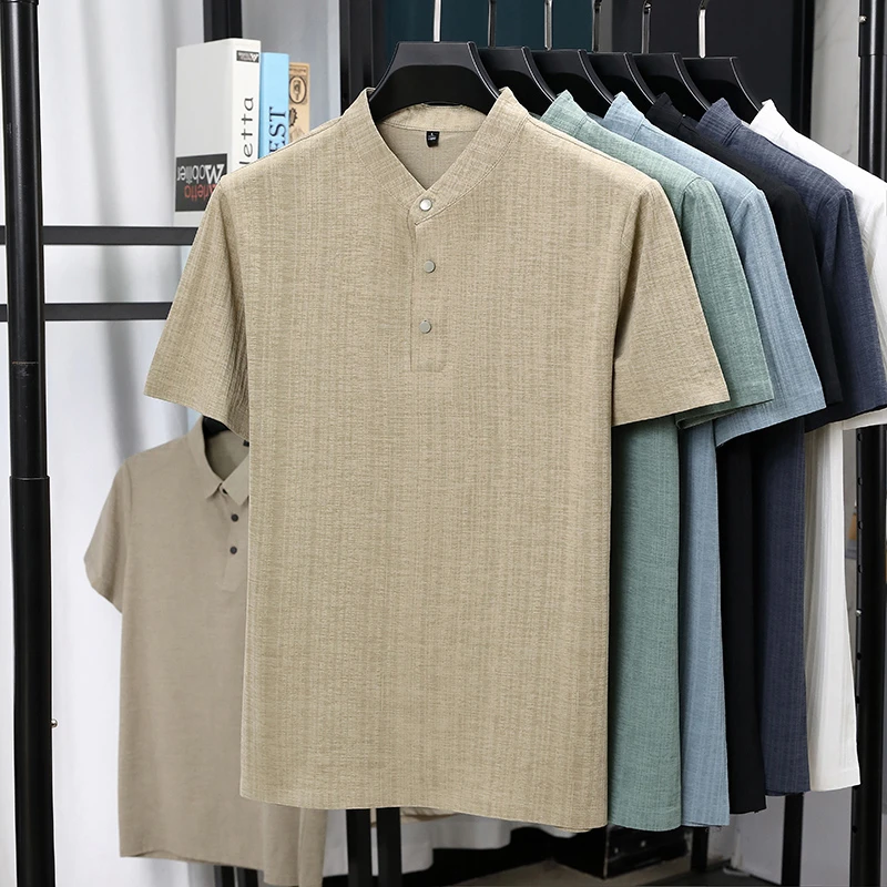 Mens Mandarin Collar Half Plac - Summer Clothing Essentials ulasan dan harga