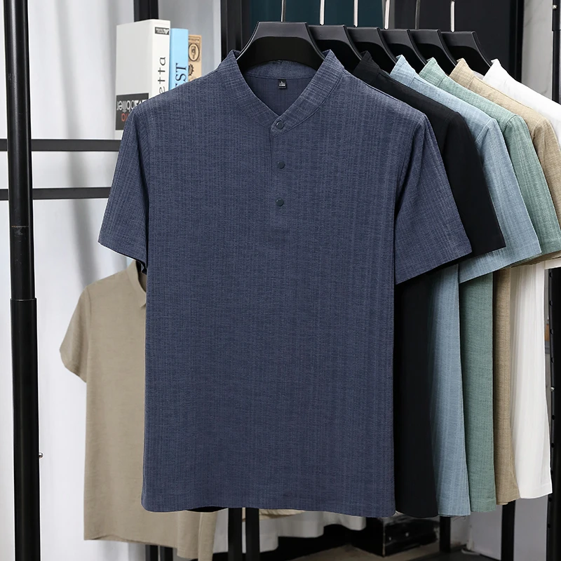 Mens Mandarin Collar Half Plac - Summer Clothing Essentials ulasan dan harga