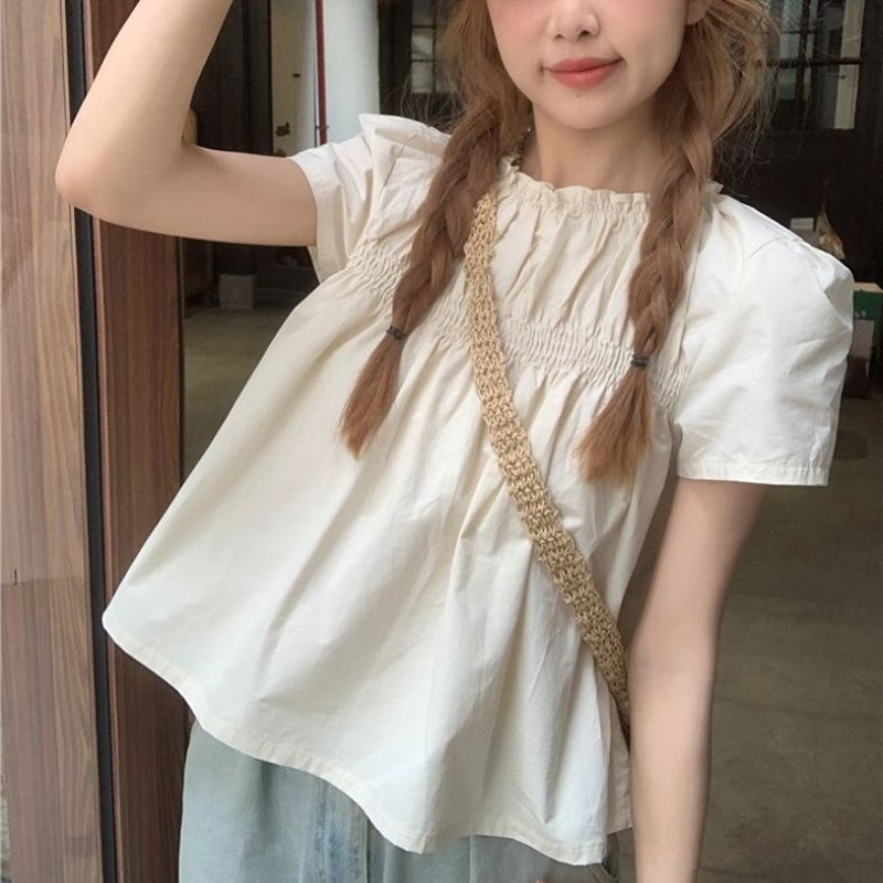 Shirring Solid Color Shirts Fe - Summer Clothing In French ulasan dan harga