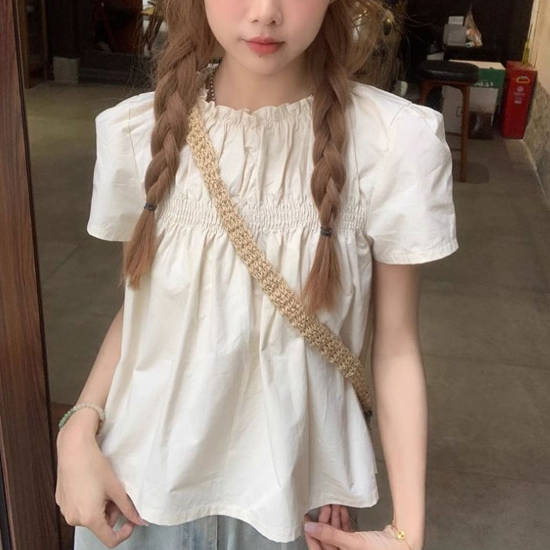 Shirring Solid Color Shirts Fe - Summer Clothing In French ulasan dan harga
