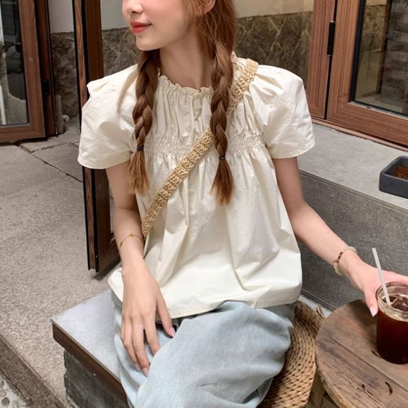 Shirring Solid Color Shirts Fe - Summer Clothing In French ulasan dan harga