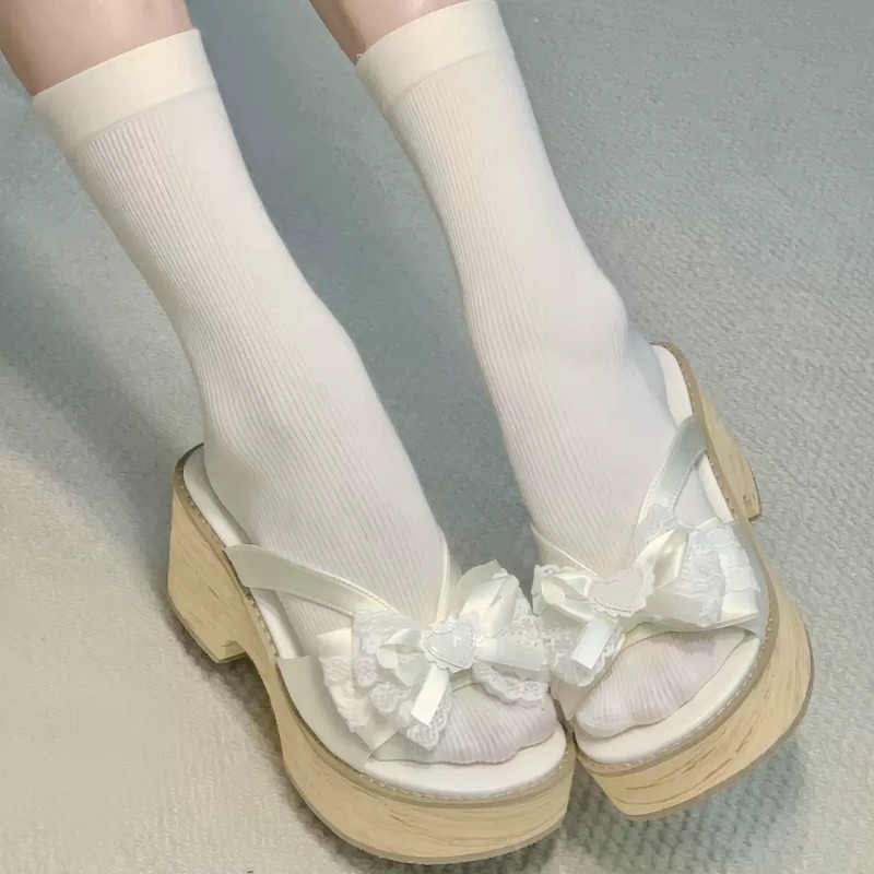 Sweet Bow Wood Grain Thick Bot - Summer Japanese Clothing ulasan dan harga