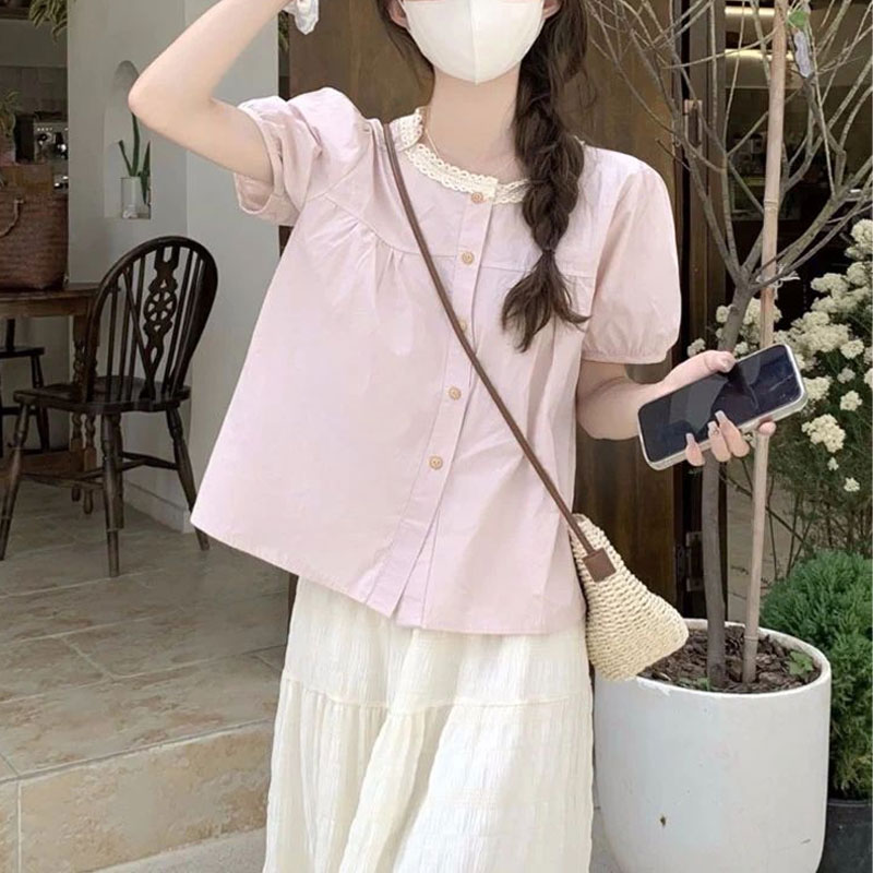 Fashionable Lace Spliced Shirt - Summer Clothing In French ulasan dan harga