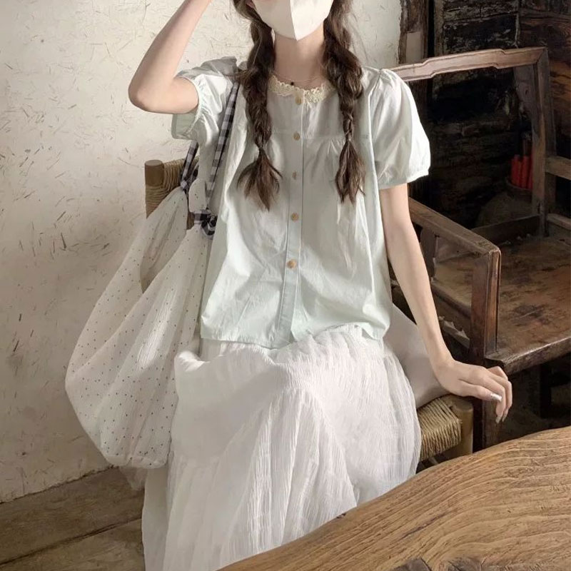 Fashionable Lace Spliced Shirt - Summer Clothing In French ulasan dan harga